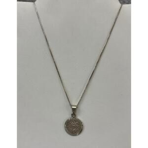 Sterling Silver Aztec Calendar Pendant Necklace 15" #69549